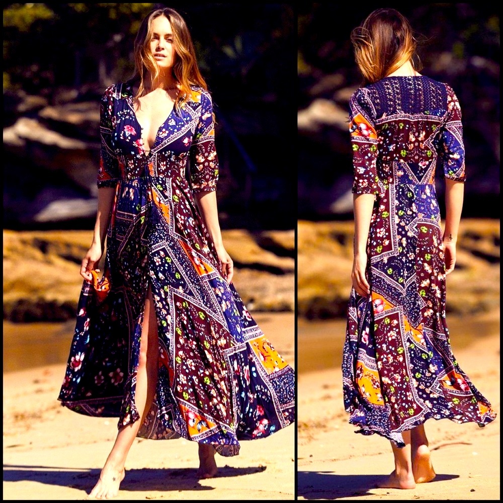 Jaase Patches Patchwork Mixed Media Print Maxi Dress